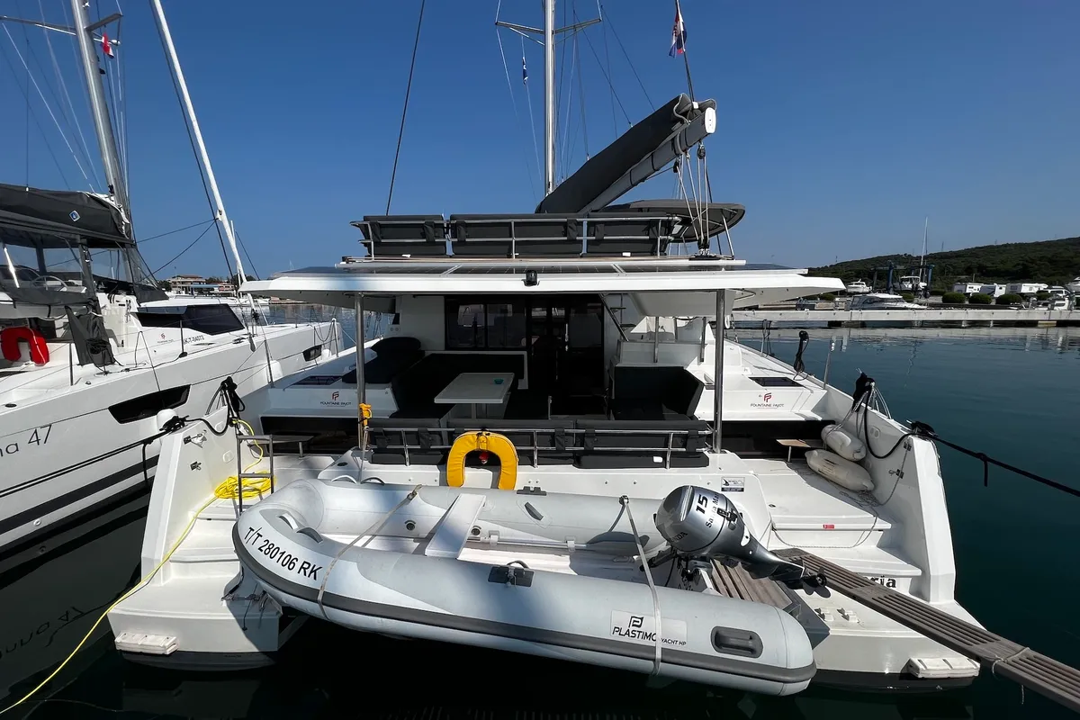 Exterior view of Santa Maria, a Fountaine Pajot Elba 45 catamaran at Sukošan, Croatia