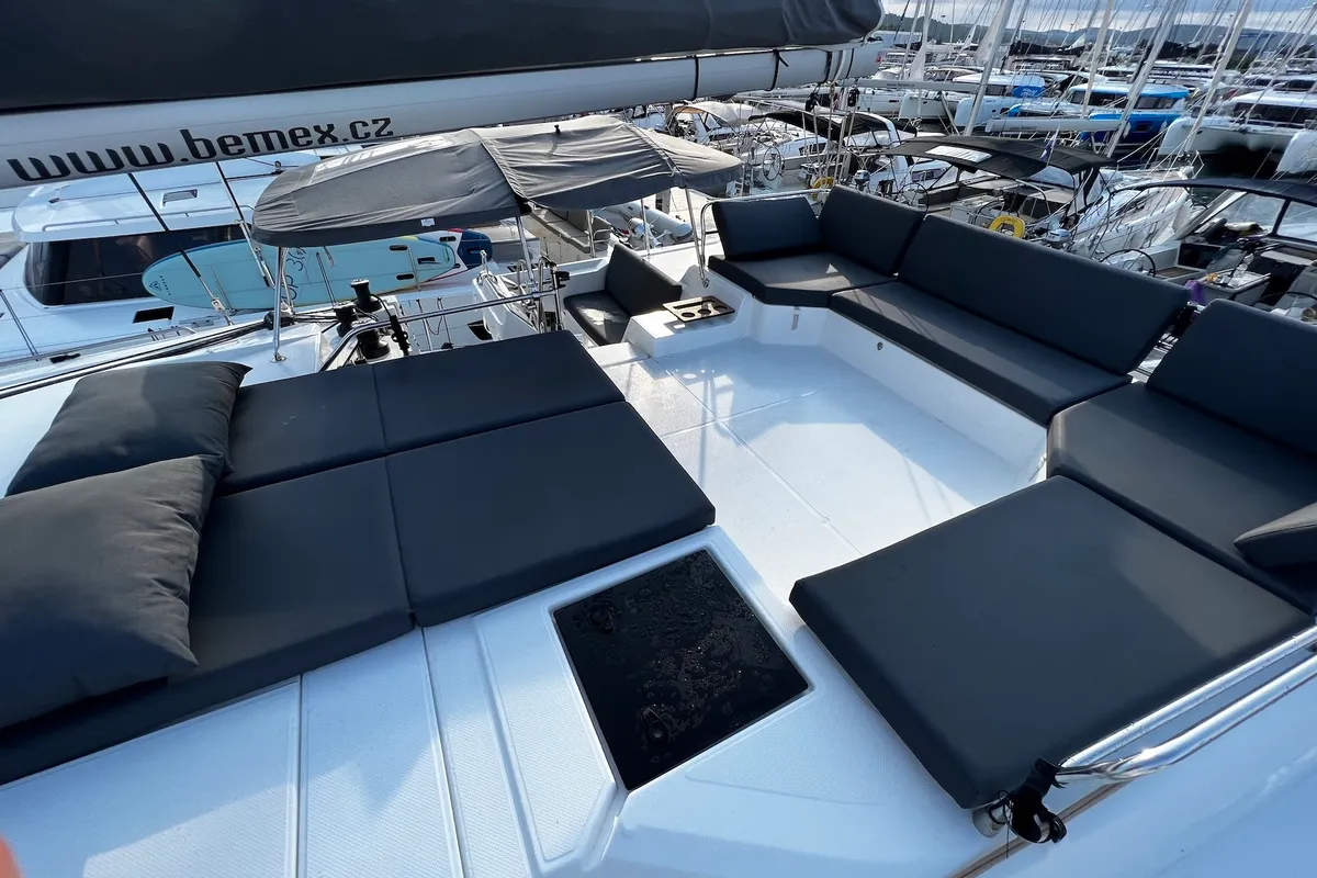 Deck of Santa Maria, a Fountaine Pajot Elba 45 catamaran at Sukošan, Croatia