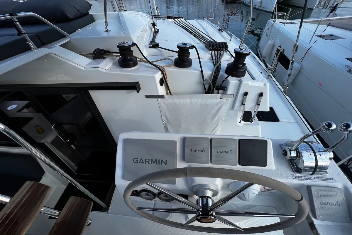 Cockpit of Santa Maria, a Fountaine Pajot Elba 45 catamaran at Sukošan, Croatia