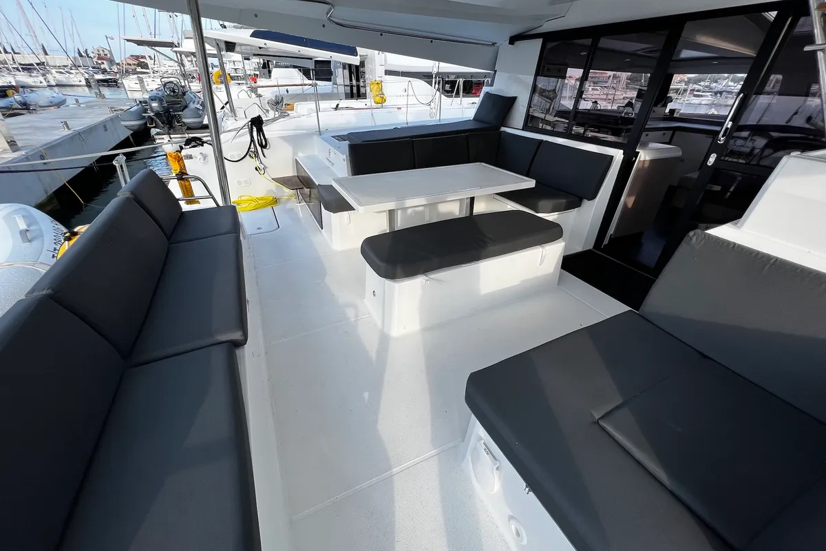 Deck of Santa Maria, a Fountaine Pajot Elba 45 catamaran at Sukošan, Croatia
