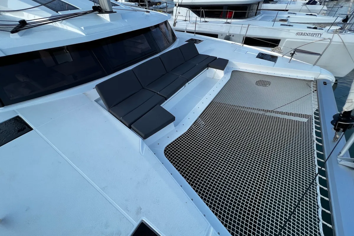 Deck of Santa Maria, a Fountaine Pajot Elba 45 catamaran at Sukošan, Croatia