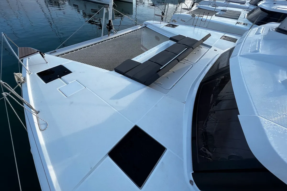 Deck of Santa Maria, a Fountaine Pajot Elba 45 catamaran at Sukošan, Croatia