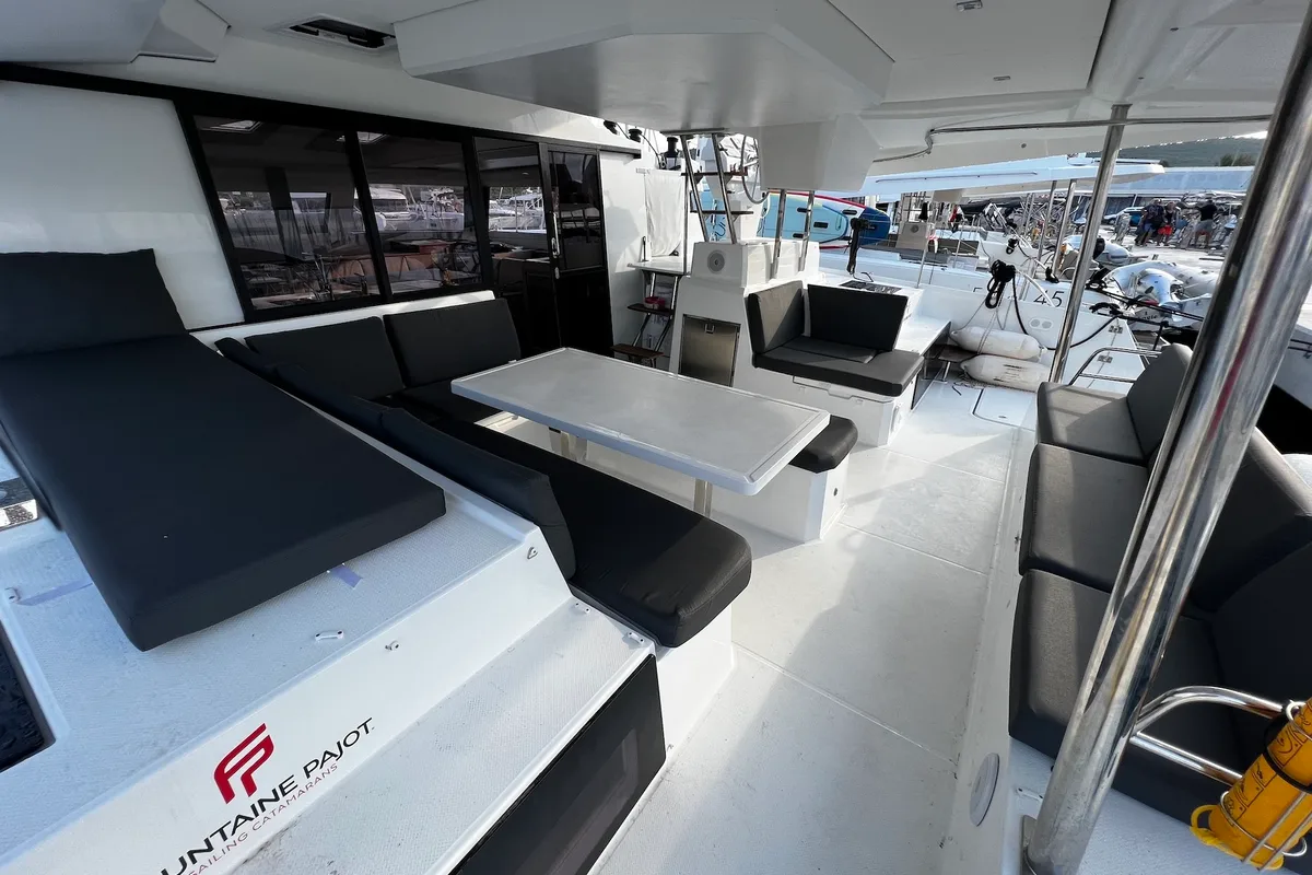 Deck of Santa Maria, a Fountaine Pajot Elba 45 catamaran at Sukošan, Croatia