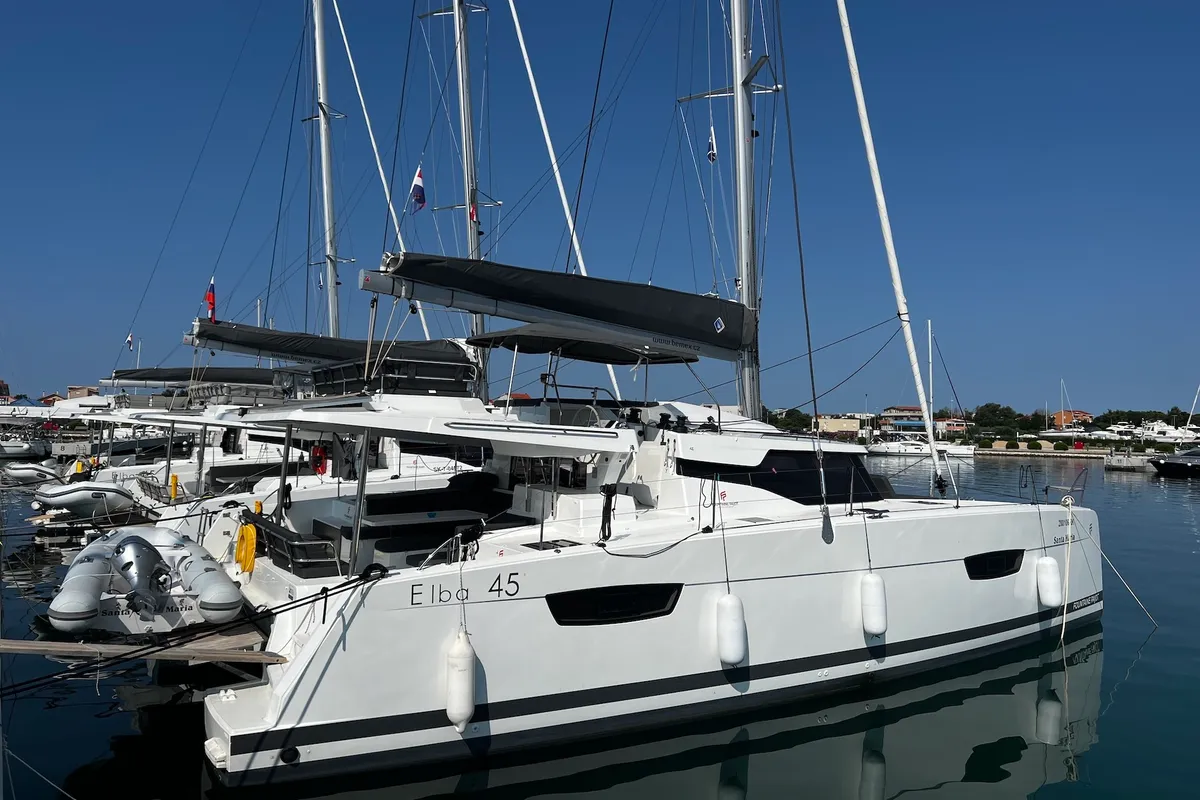 Exterior view of Santa Maria, a Fountaine Pajot Elba 45 catamaran at Sukošan, Croatia