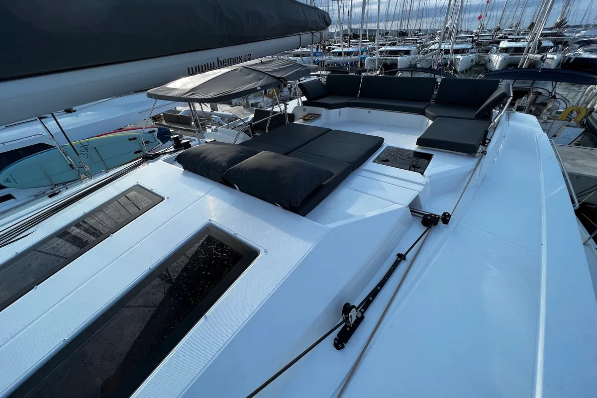 Deck of Santa Maria, a Fountaine Pajot Elba 45 catamaran at Sukošan, Croatia