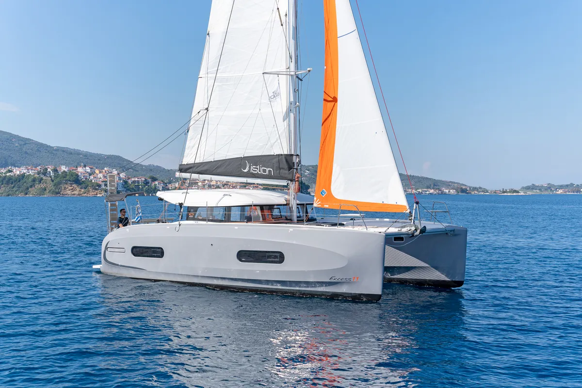 Exterior view of Luna, a Excess 11 catamaran at Kontokali, Greece