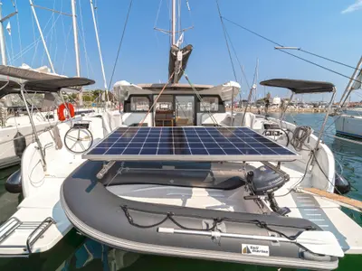 Deck of Luna, a Excess 11 catamaran at Kontokali, Greece