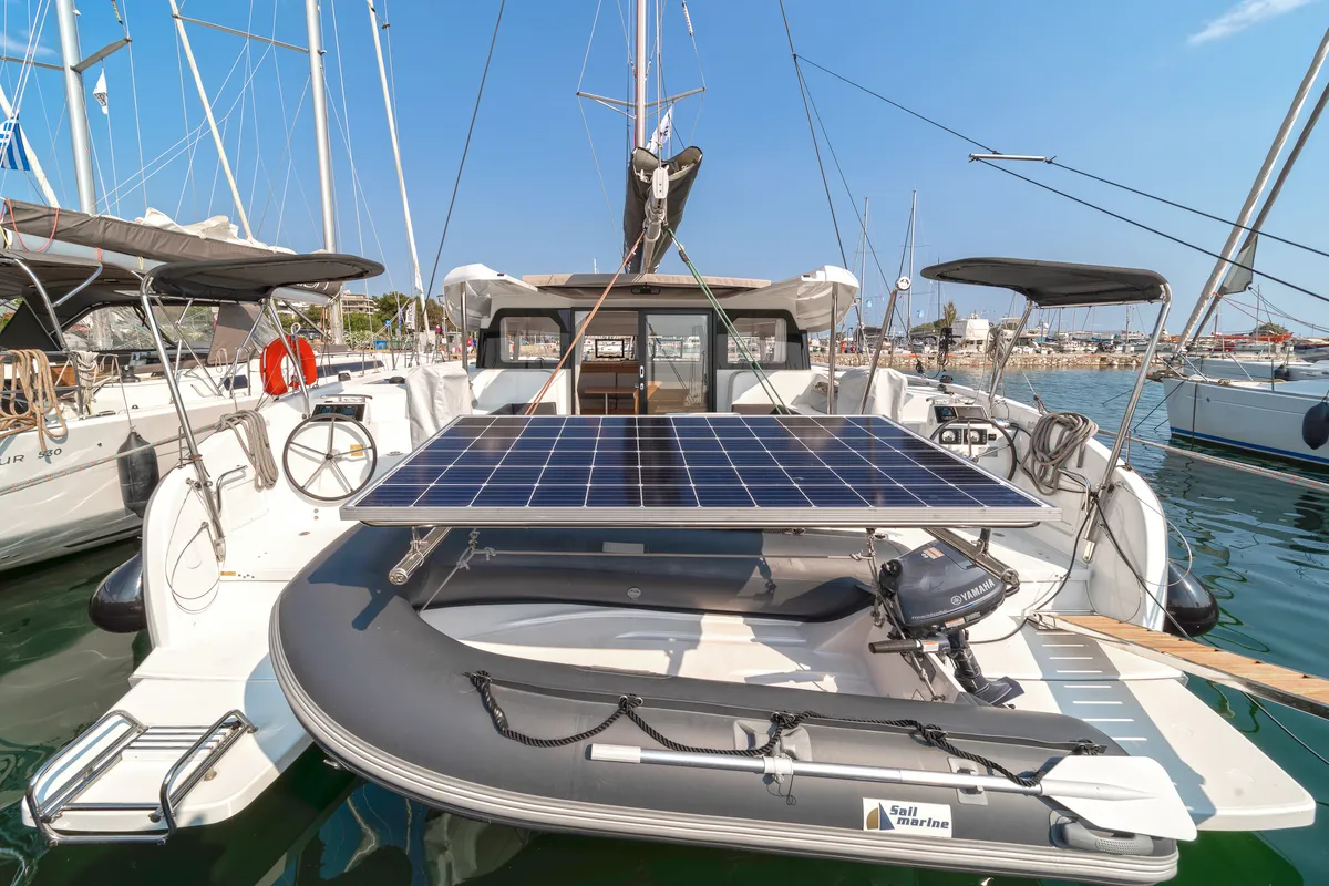 Deck of Luna, a Excess 11 catamaran at Kontokali, Greece