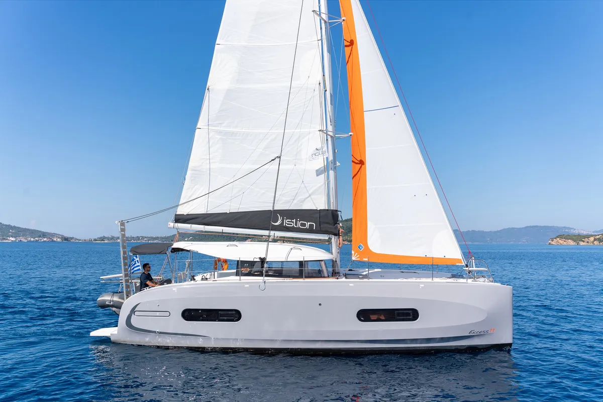 Exterior view of Luna, a Excess 11 catamaran at Kontokali, Greece