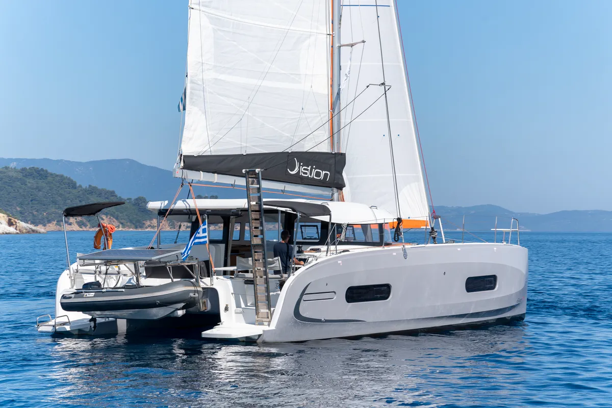Exterior view of Luna, a Excess 11 catamaran at Kontokali, Greece