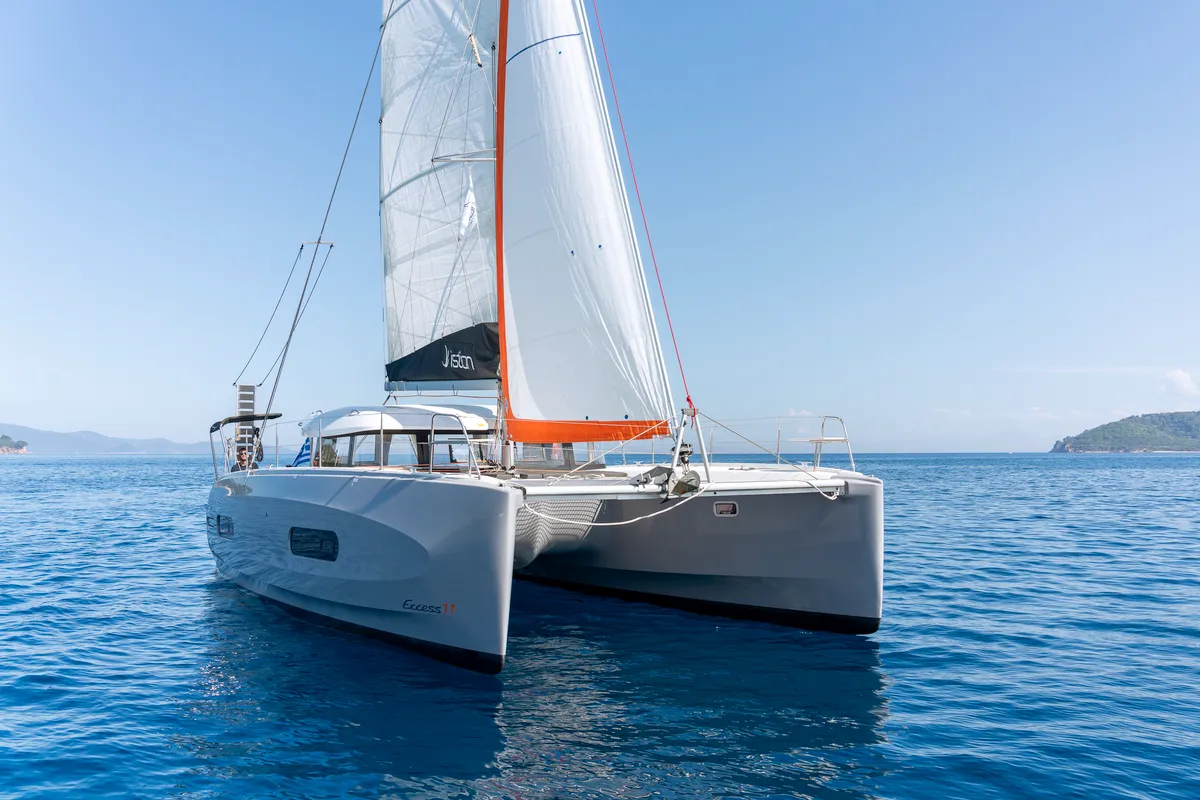 Exterior view of Luna, a Excess 11 catamaran at Kontokali, Greece