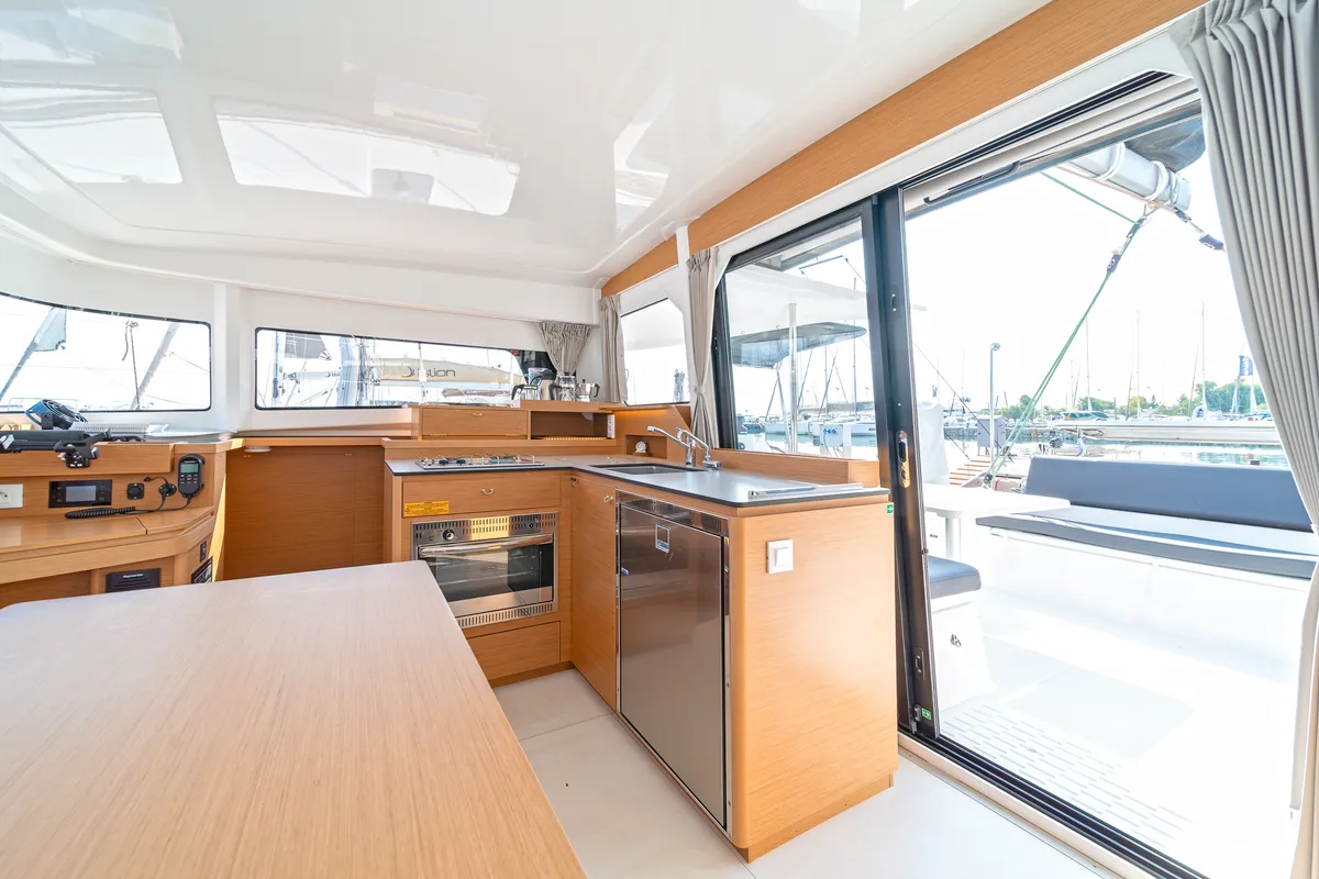 Galley of Luna, a Excess 11 catamaran at Kontokali, Greece