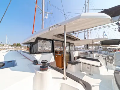 Cockpit of Luna, a Excess 11 catamaran at Kontokali, Greece