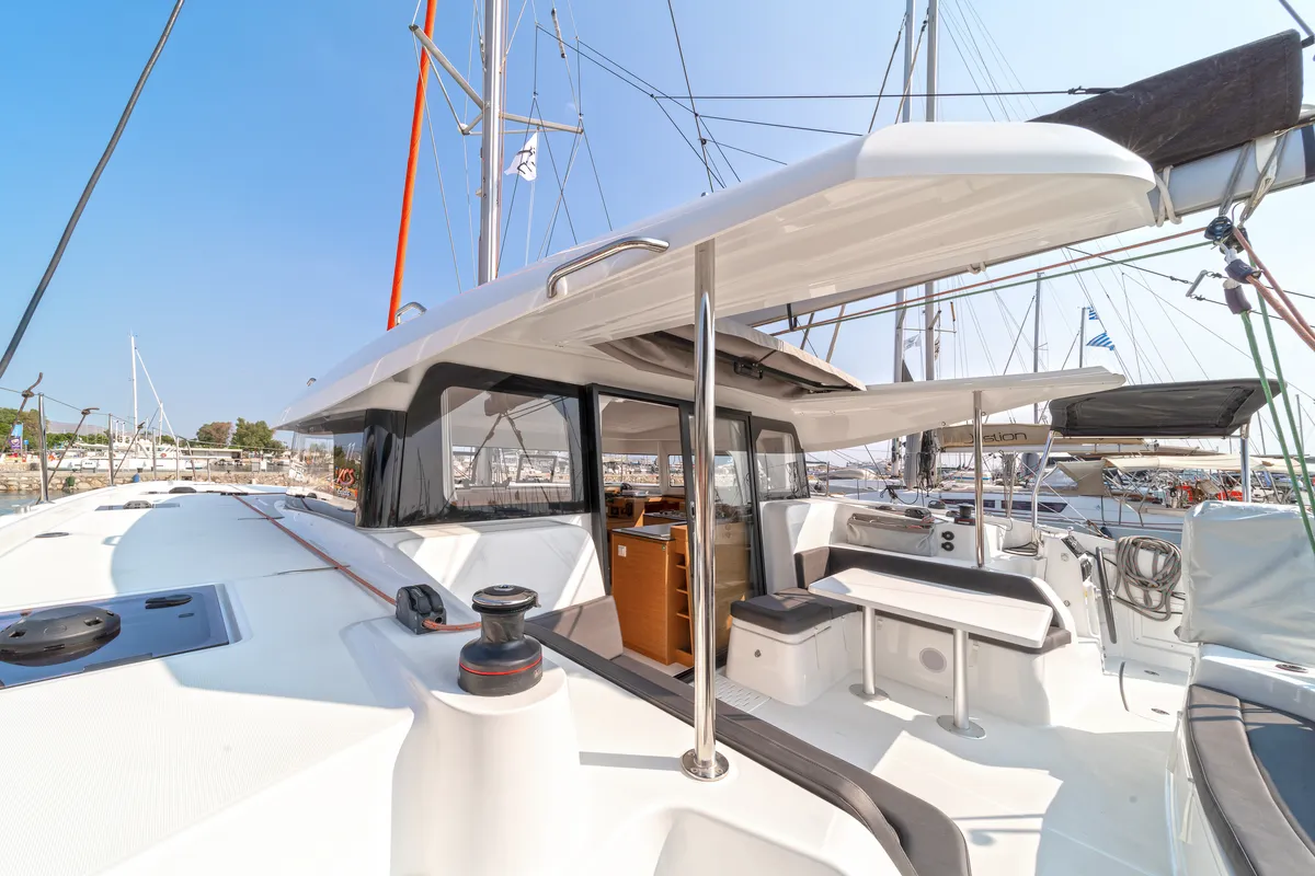 Cockpit of Luna, a Excess 11 catamaran at Kontokali, Greece