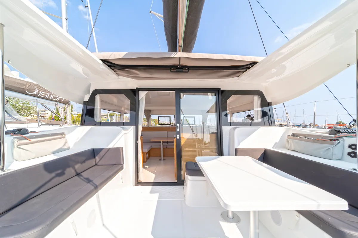 Deck of Luna, a Excess 11 catamaran at Kontokali, Greece