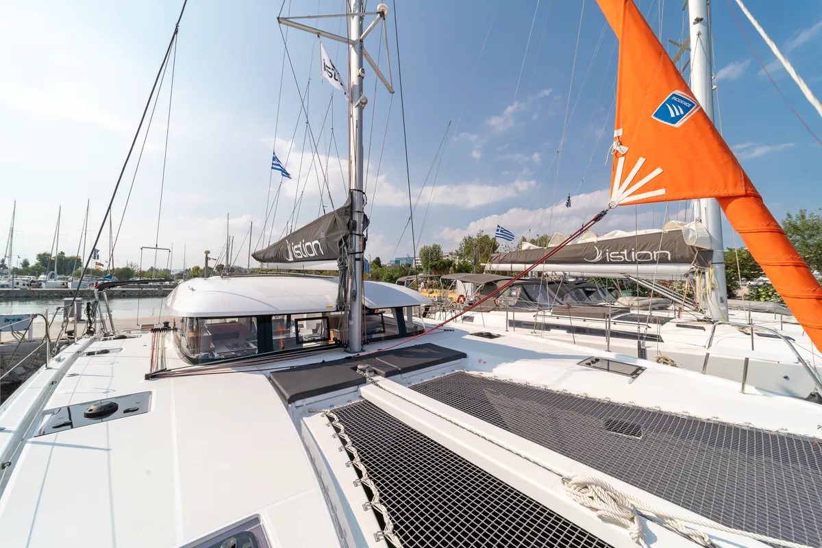 Deck of Luna, a Excess 11 catamaran at Kontokali, Greece