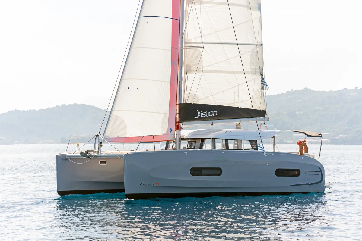Exterior view of Luna, a Excess 11 catamaran at Kontokali, Greece