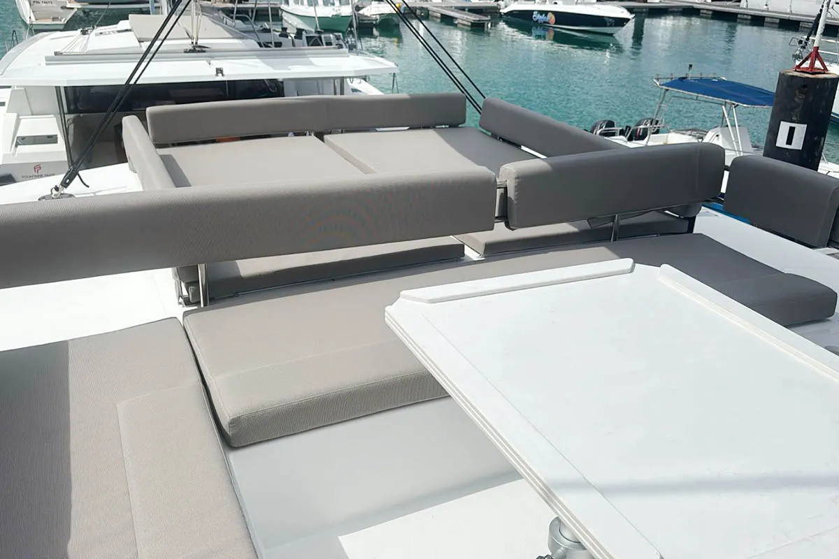 Deck of Neo, a Bali 4.4 catamaran at Roche Caiman, Seychelles