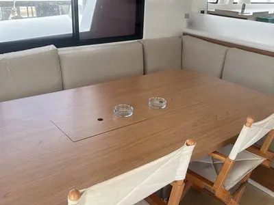 Salon of Neo, a Bali 4.4 catamaran at Roche Caiman, Seychelles