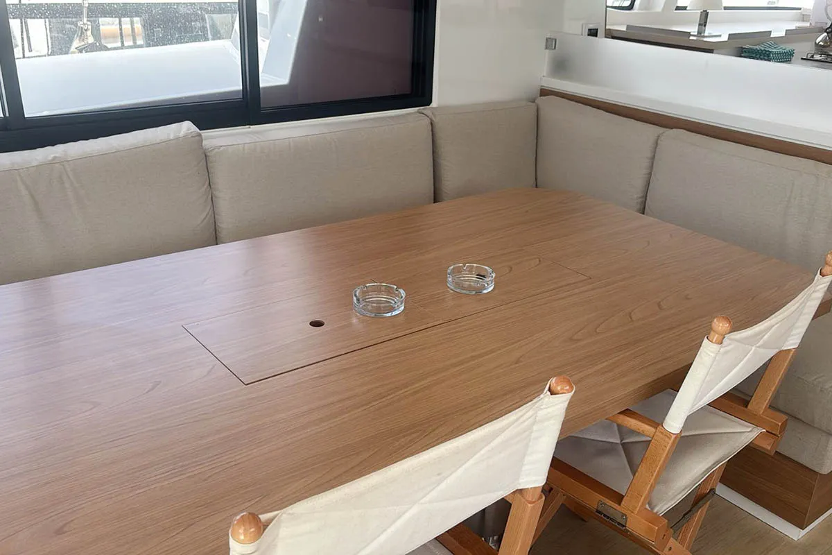 Salon of Neo, a Bali 4.4 catamaran at Roche Caiman, Seychelles