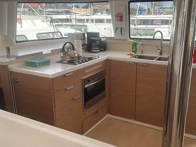 Galley of Neo, a Bali 4.4 catamaran at Roche Caiman, Seychelles