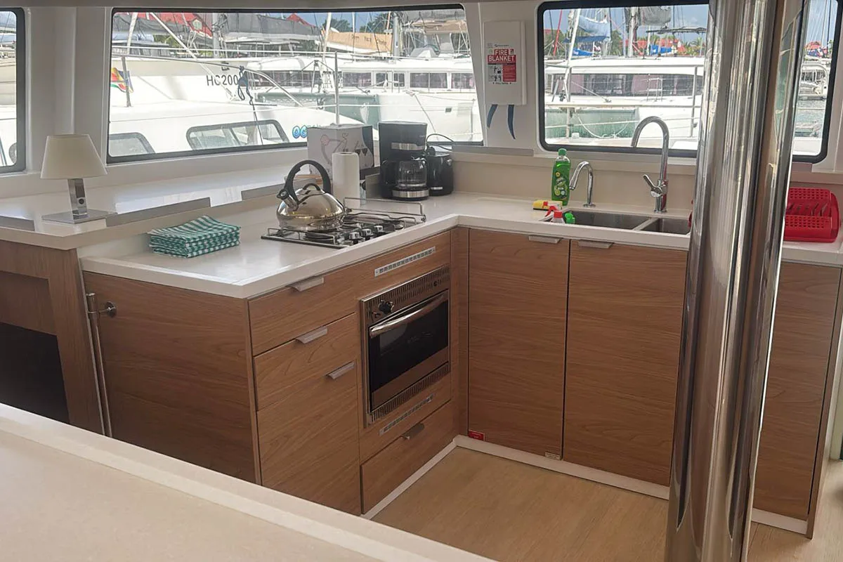 Galley of Neo, a Bali 4.4 catamaran at Roche Caiman, Seychelles