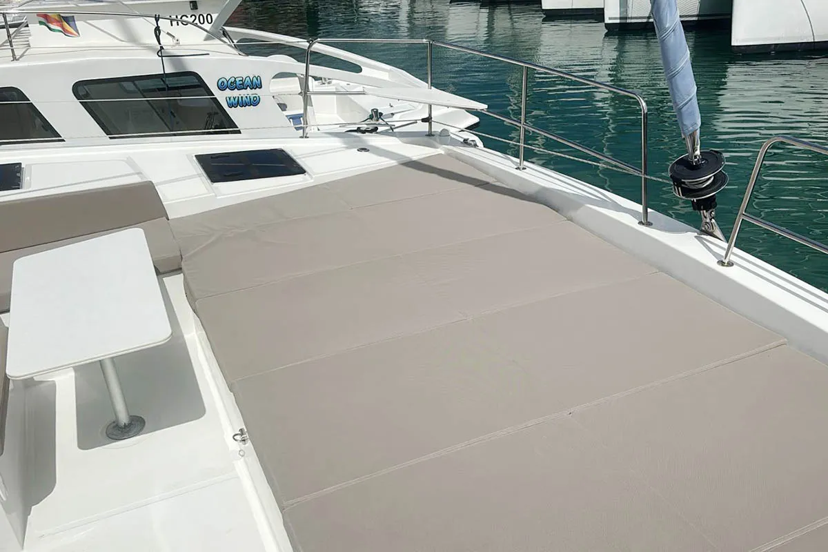 Deck of Neo, a Bali 4.4 catamaran at Roche Caiman, Seychelles