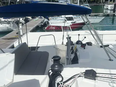 Cockpit of Neo, a Bali 4.4 catamaran at Roche Caiman, Seychelles