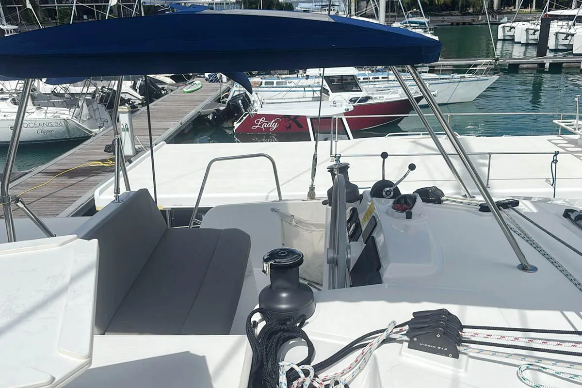 Cockpit of Neo, a Bali 4.4 catamaran at Roche Caiman, Seychelles