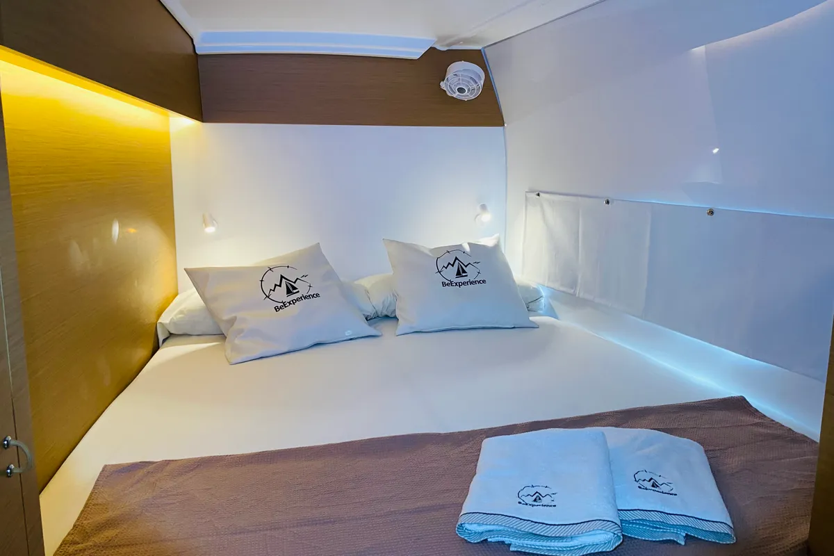Cabin on ONE Mallorca BAREBOAT, a Excess 11 catamaran at Port d'Andratx, Spain