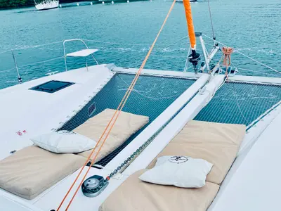 Deck of ONE Mallorca BAREBOAT, a Excess 11 catamaran at Port d'Andratx, Spain