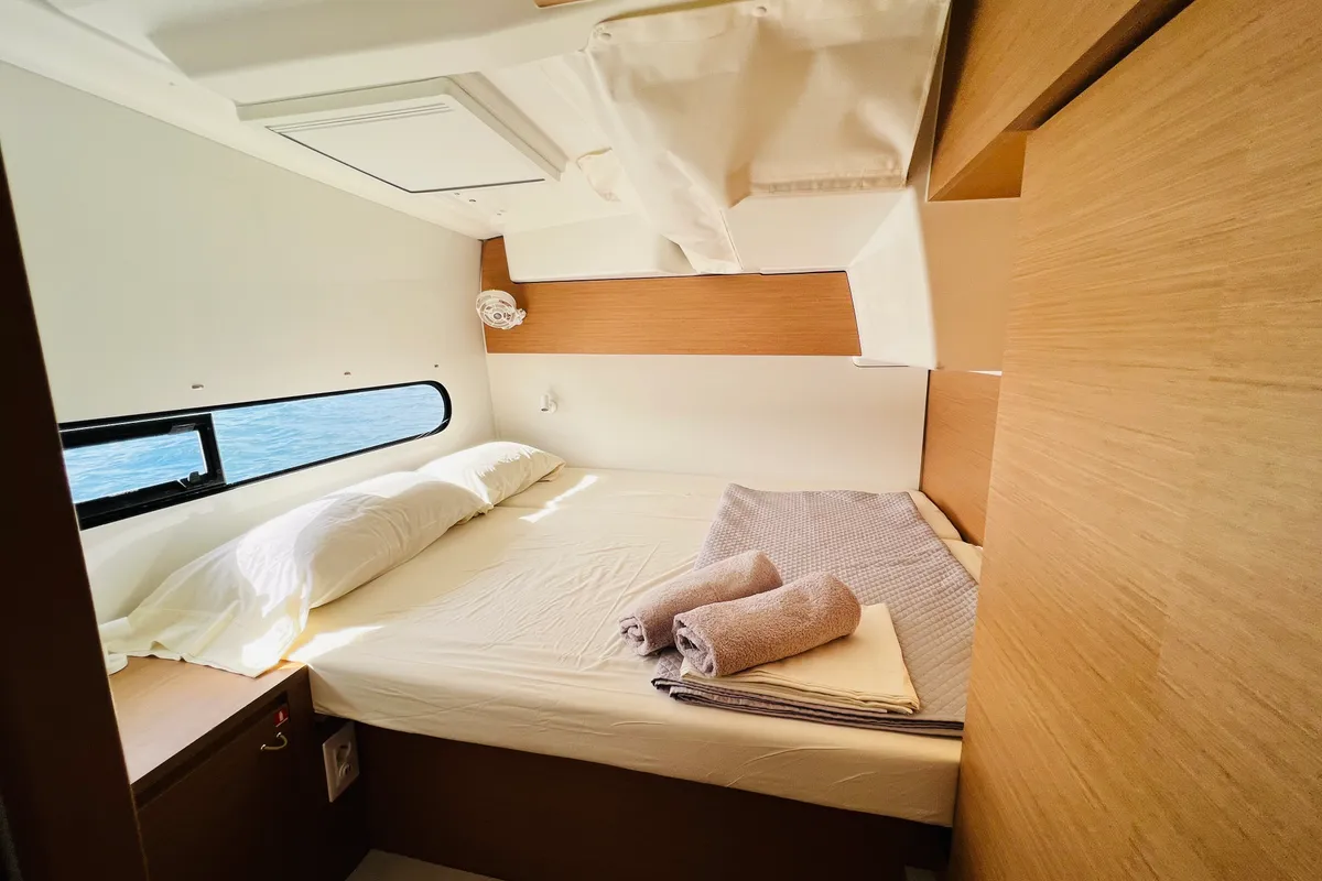 Cabin on ONE Mallorca BAREBOAT, a Excess 11 catamaran at Port d'Andratx, Spain