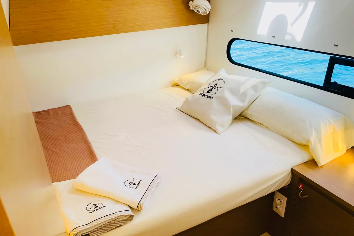 Cabin on ONE Mallorca BAREBOAT, a Excess 11 catamaran at Port d'Andratx, Spain