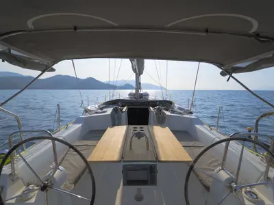 Cockpit of Daphne-S, a Dufour 405 GL sailboat at Fethiye, Turkey