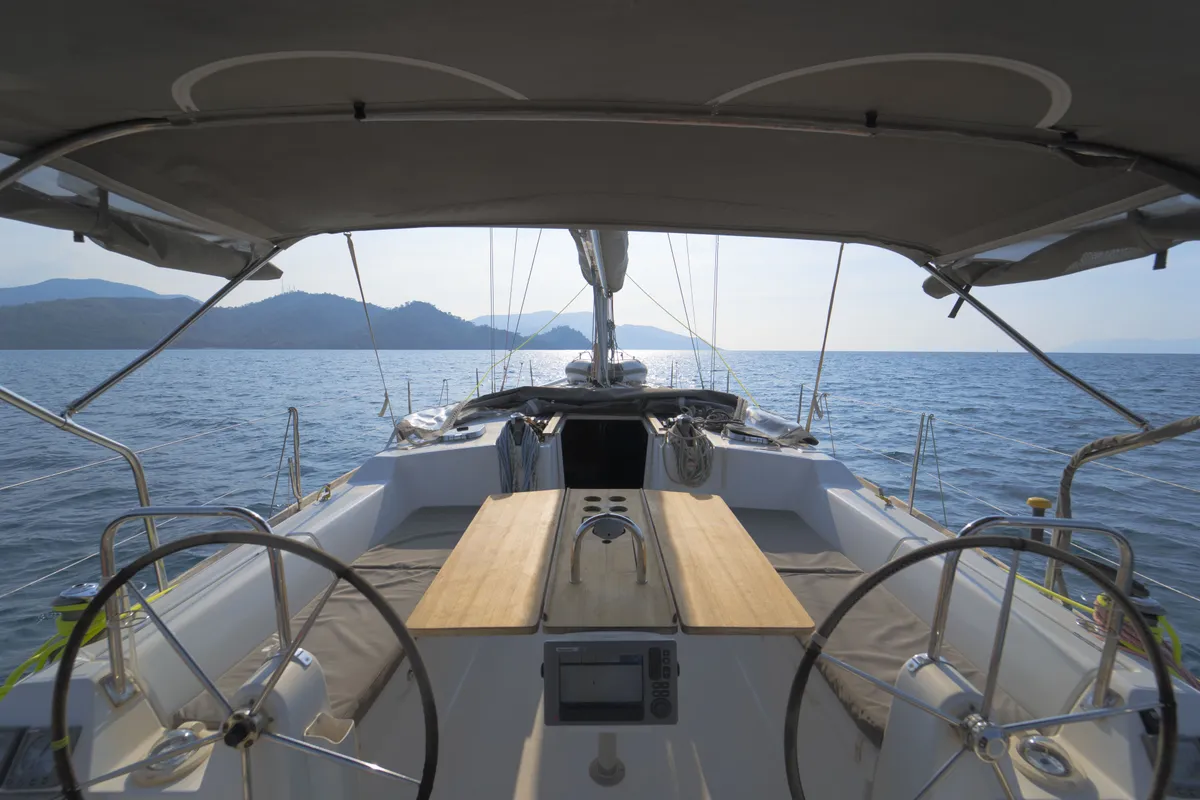 Cockpit of Daphne-S, a Dufour 405 GL sailboat at Fethiye, Turkey