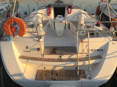 Cockpit of Sofia, a Jeanneau Sun Odyssey 39i sailboat at Preveza, Greece