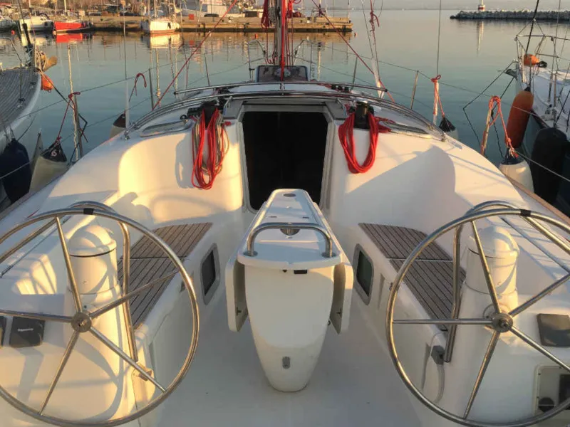 Cockpit of Sofia, a Jeanneau Sun Odyssey 39i sailboat at Preveza, Greece