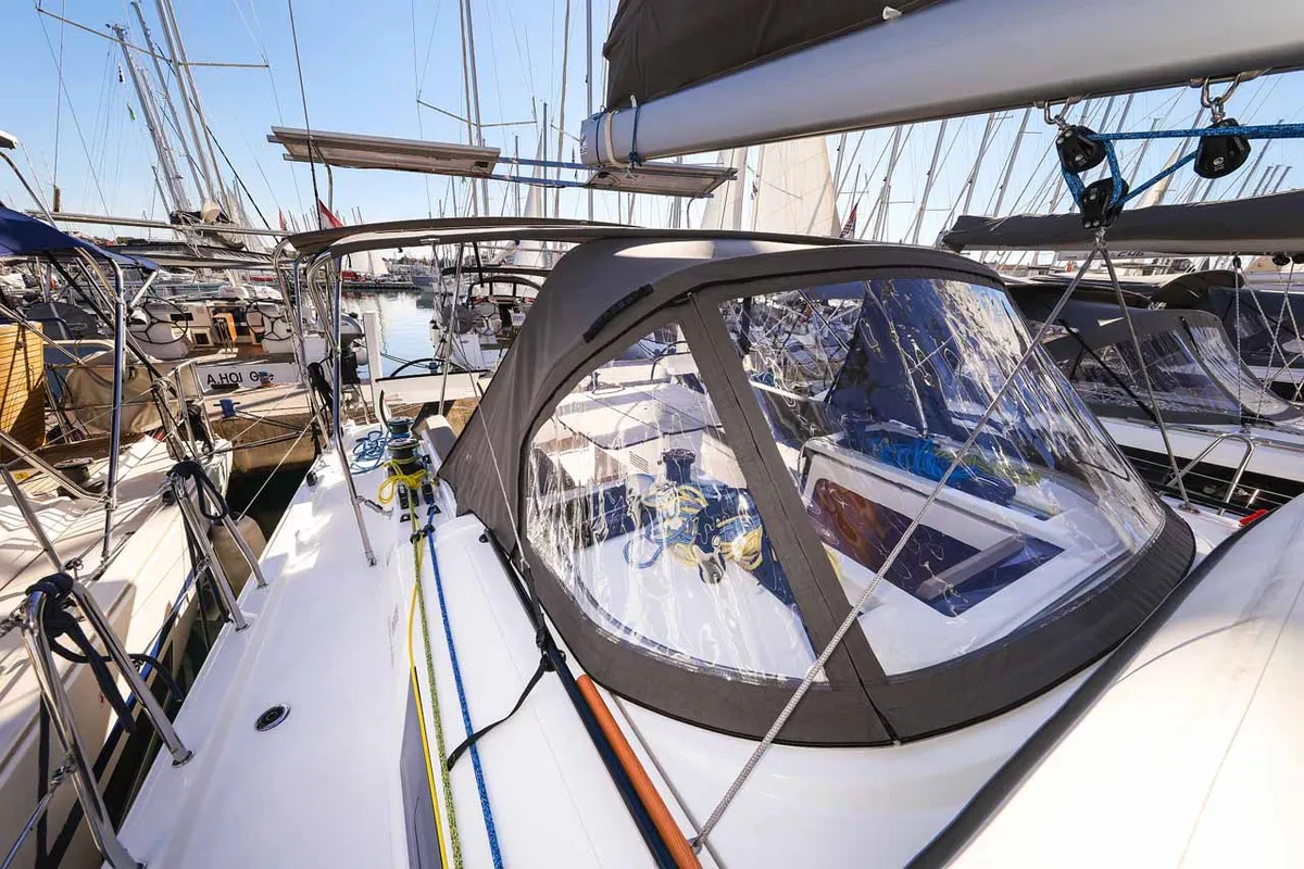 Deck of Acrux, a Dufour 44 sailboat at Grad Biograd na Moru, Croatia