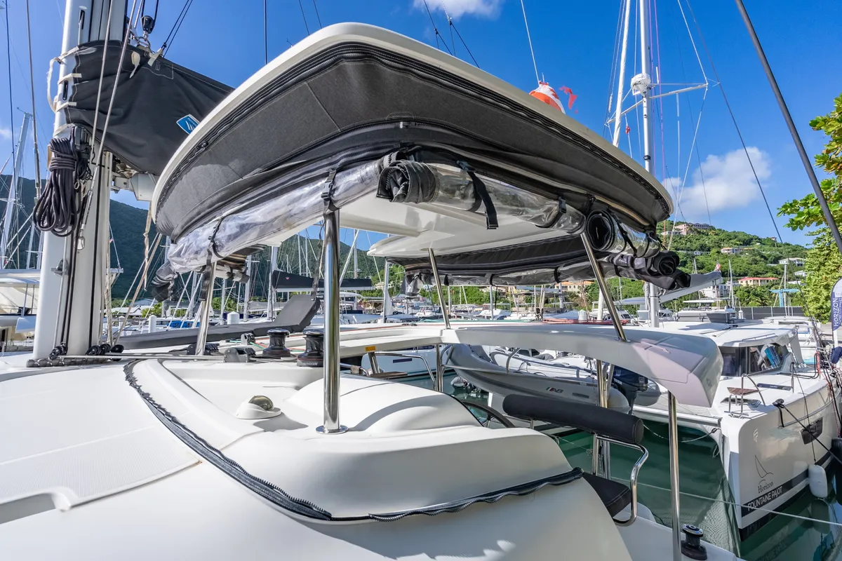 Deck of Arctic Fantasy II, a Lagoon 42 catamaran at Road Town, British Virgin Islands