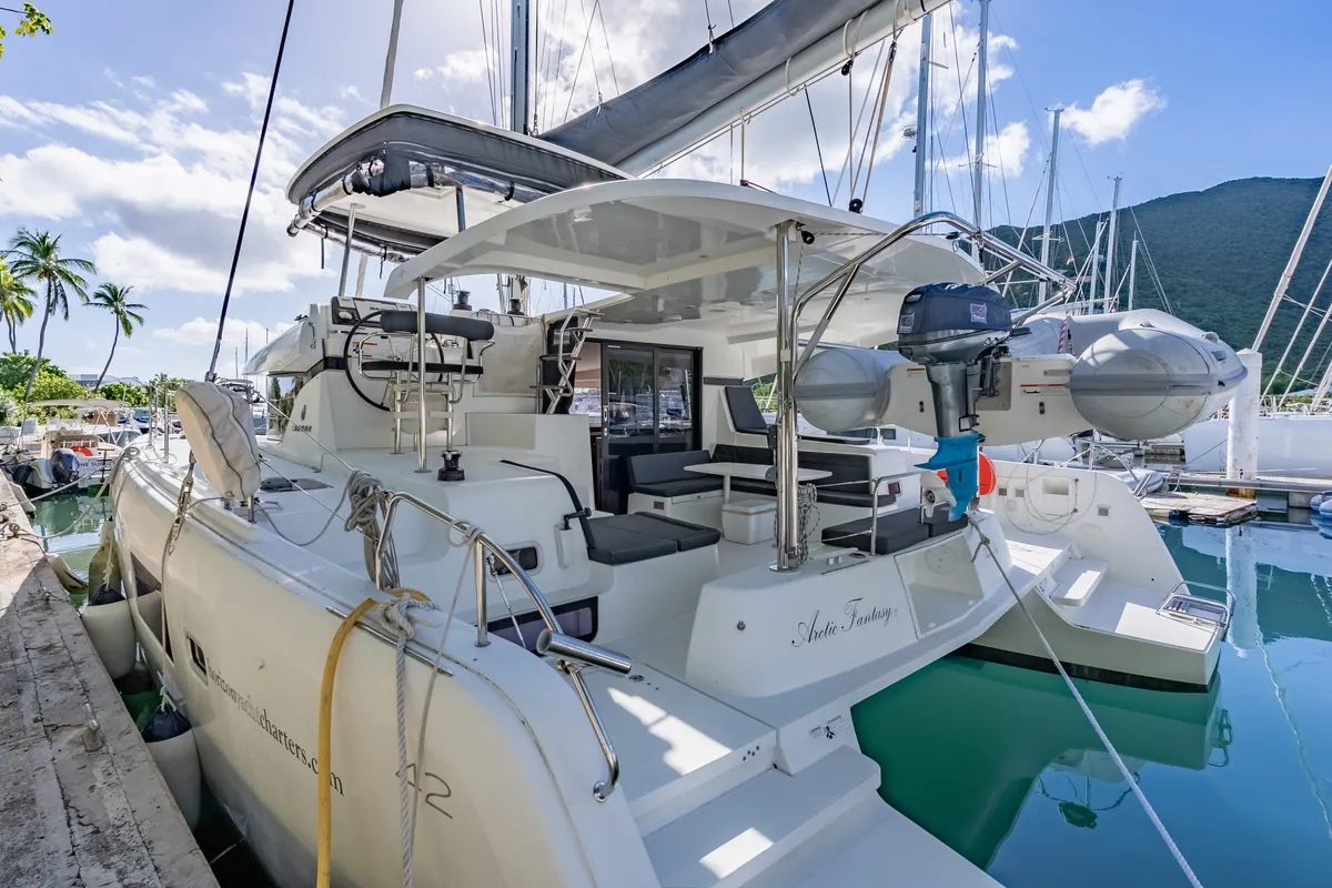 Deck of Arctic Fantasy II, a Lagoon 42 catamaran at Road Town, British Virgin Islands
