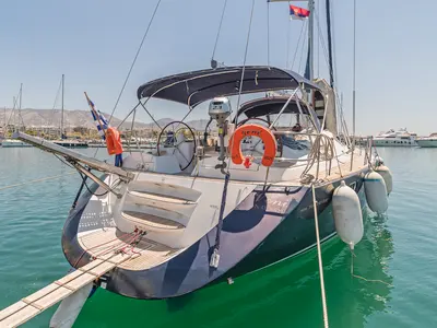 Cockpit of Veni, a Jeanneau Sun Odyssey 54DS sailboat at Athens, Greece