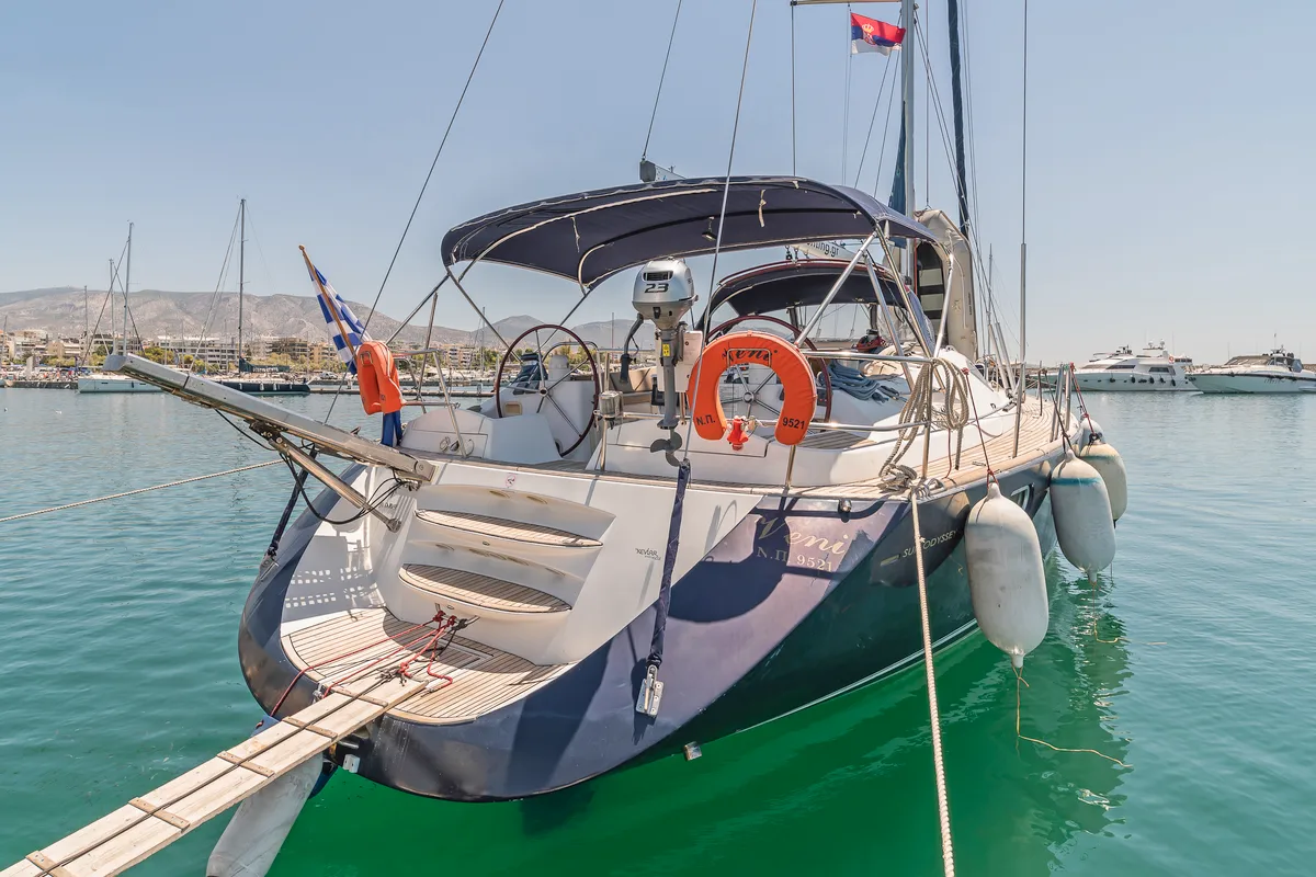 Cockpit of Veni, a Jeanneau Sun Odyssey 54DS sailboat at Athens, Greece