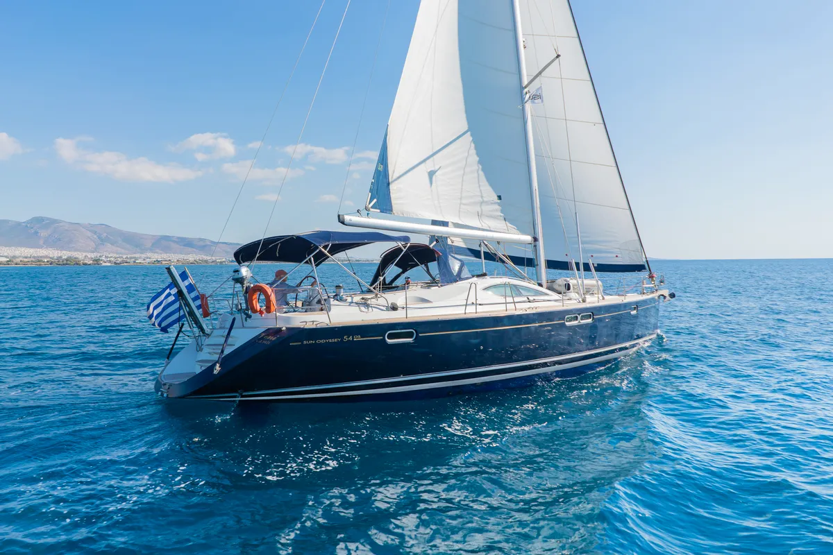 Exterior view of Veni, a Jeanneau Sun Odyssey 54DS sailboat at Athens, Greece