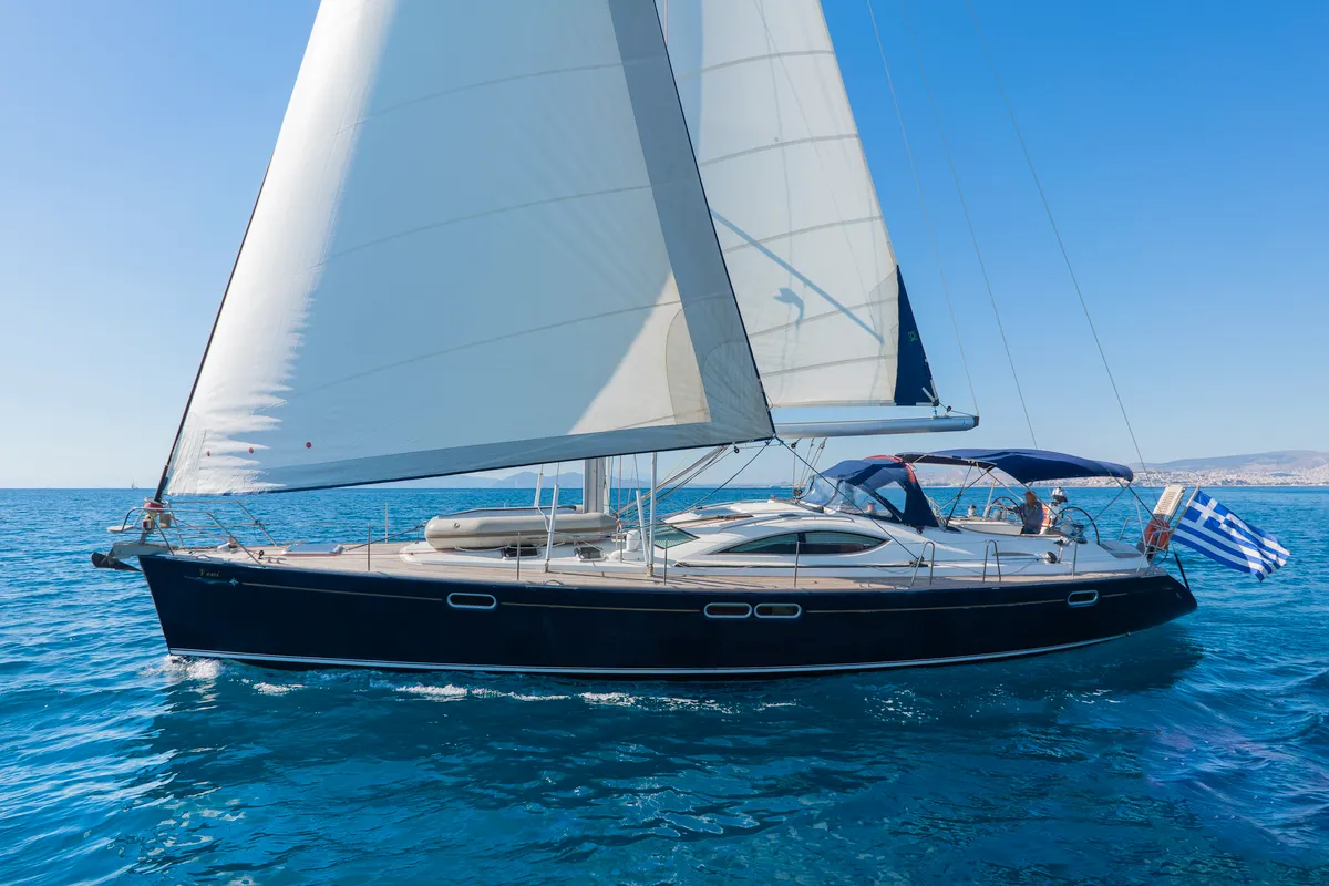 Exterior view of Veni, a Jeanneau Sun Odyssey 54DS sailboat at Athens, Greece