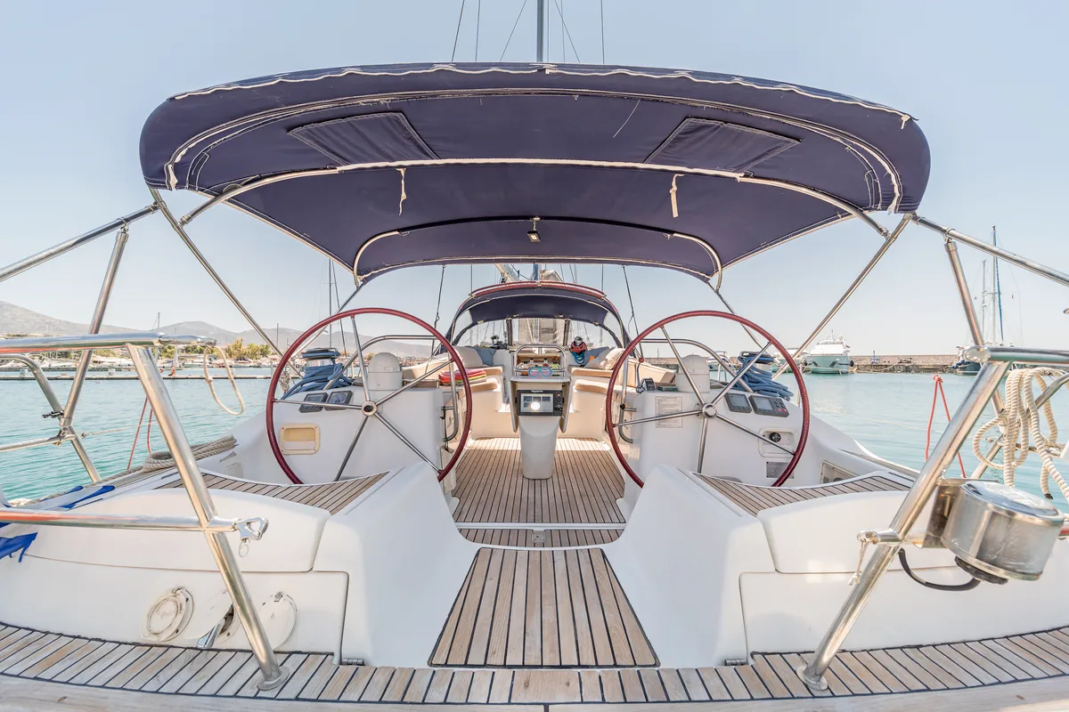 Cockpit of Veni, a Jeanneau Sun Odyssey 54DS sailboat at Athens, Greece