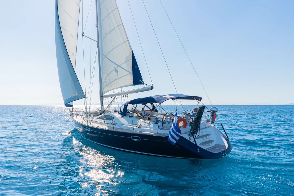 Exterior view of Veni, a Jeanneau Sun Odyssey 54DS sailboat at Athens, Greece