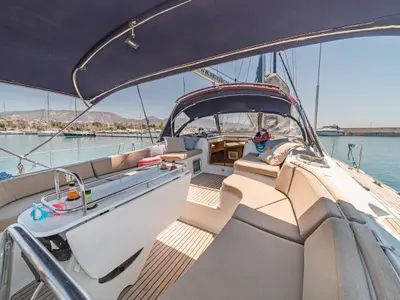 Deck of Veni, a Jeanneau Sun Odyssey 54DS sailboat at Athens, Greece