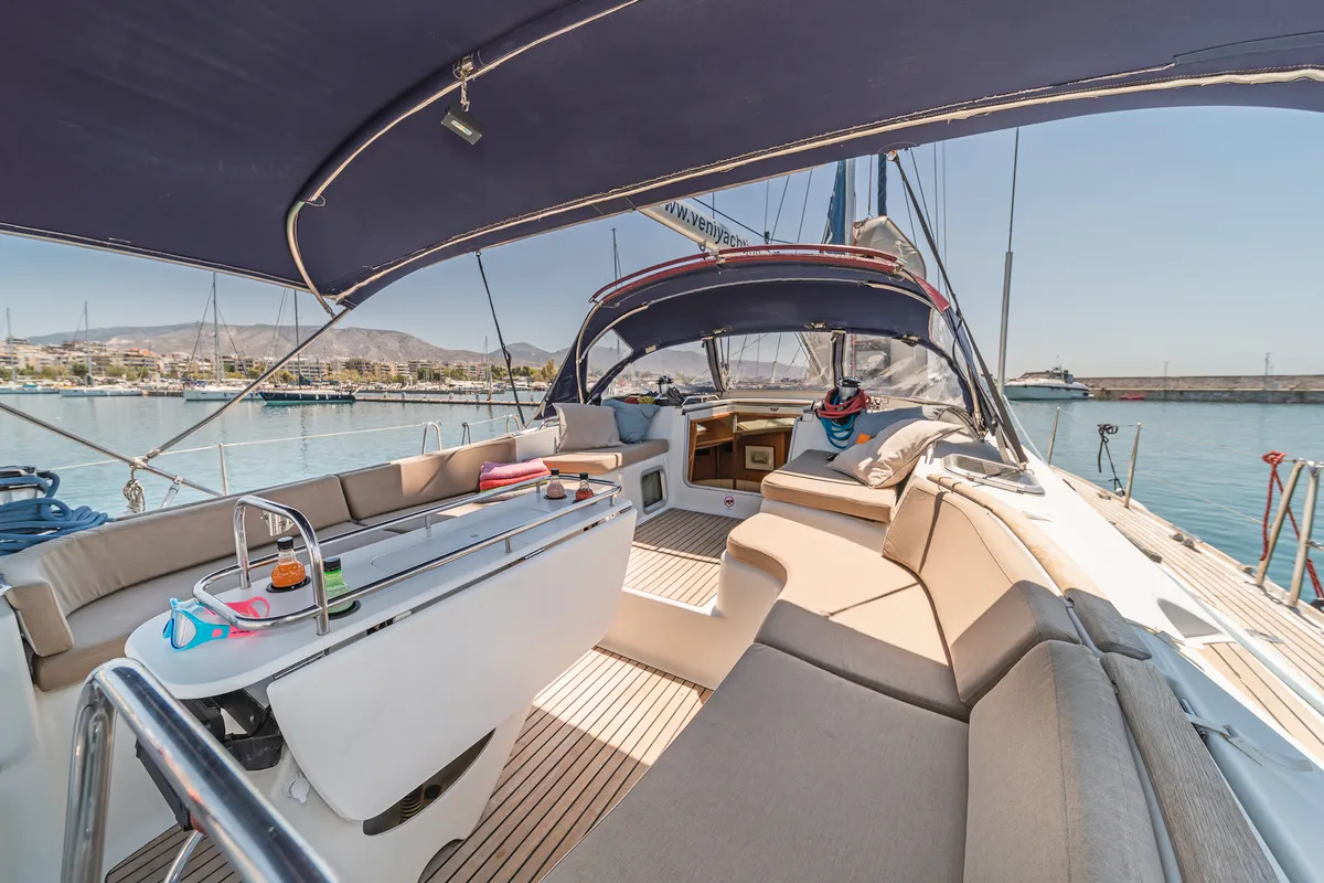 Deck of Veni, a Jeanneau Sun Odyssey 54DS sailboat at Athens, Greece
