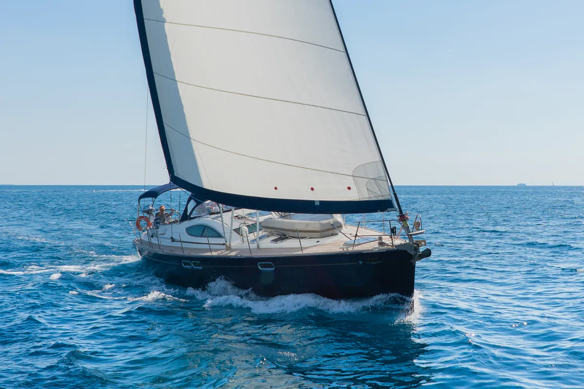 Exterior view of Veni, a Jeanneau Sun Odyssey 54DS sailboat at Athens, Greece