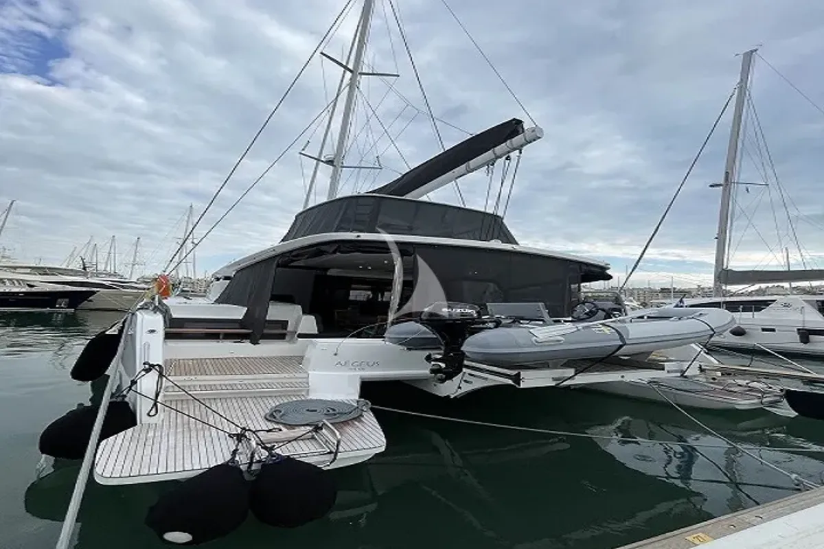 Exterior view of Aegeus, a Lagoon 51 catamaran at Athens, Greece